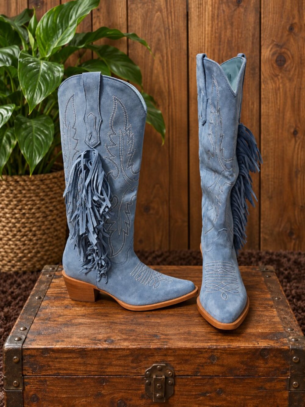 NWT Mi.iM Baby Blue Suede Fringe Western Cowboy Boots - Women's Size 7.5